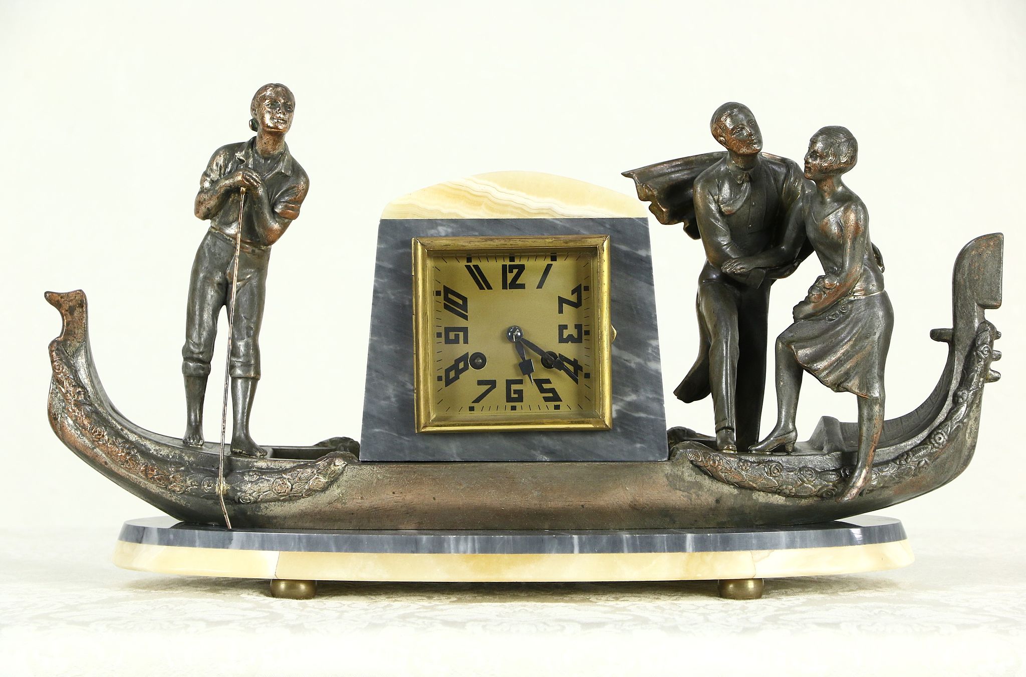 Art Deco French Onyx Mantel Clock, Venetian Gondola, Statues