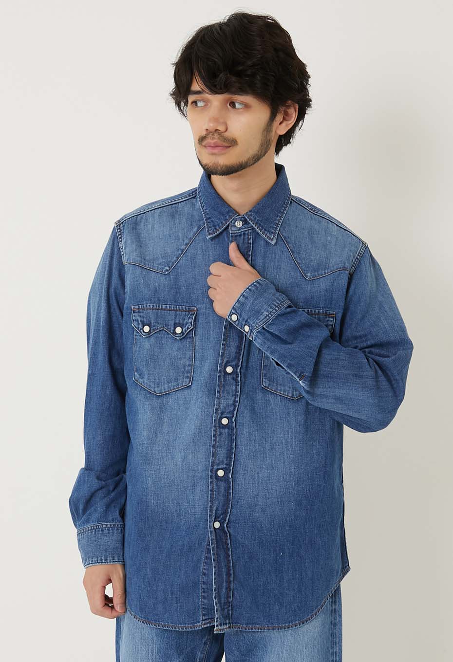 ST814 ライトデニム ローパーウォッシュ ウエスタンシャツ | BLUE BLUE