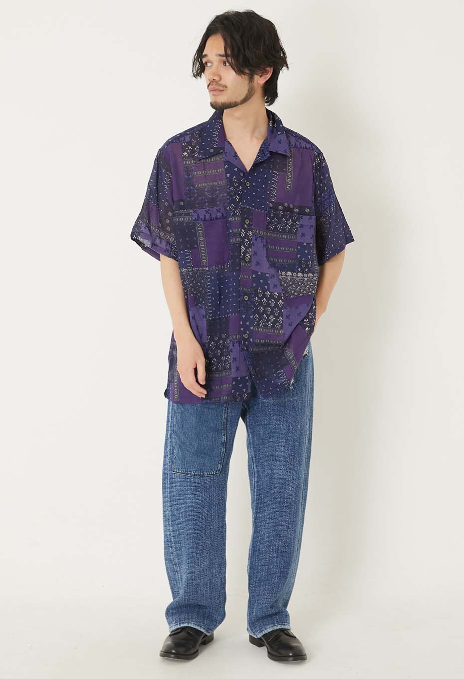 バンダナ パッチワークガーゼ プリントショートスリーブシャツ | BLUE