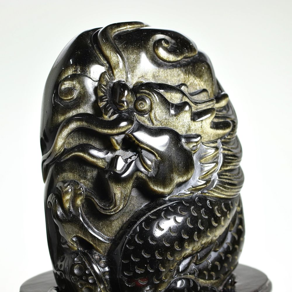 高品質]メキシコ産ゴールデンオブシディアン黒曜石/(辰)龍彫刻（全高約