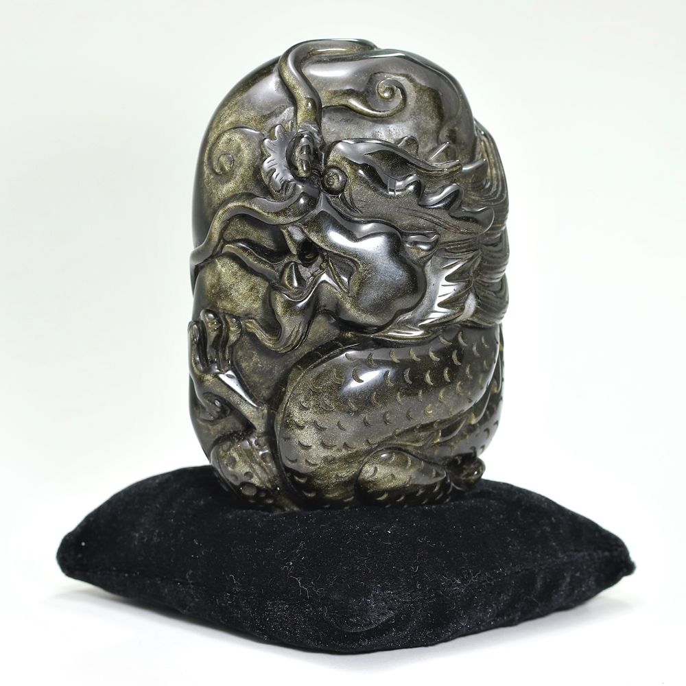 高品質]メキシコ産ゴールデンオブシディアン黒曜石/(辰)龍彫刻（全高約