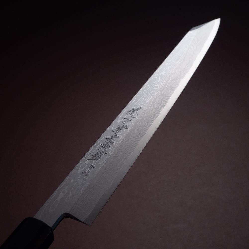 堺一文字光秀 青一鋼 炎紋鍛錬 墨流し 切付柳刃包丁 黒檀柄 白鞘付き