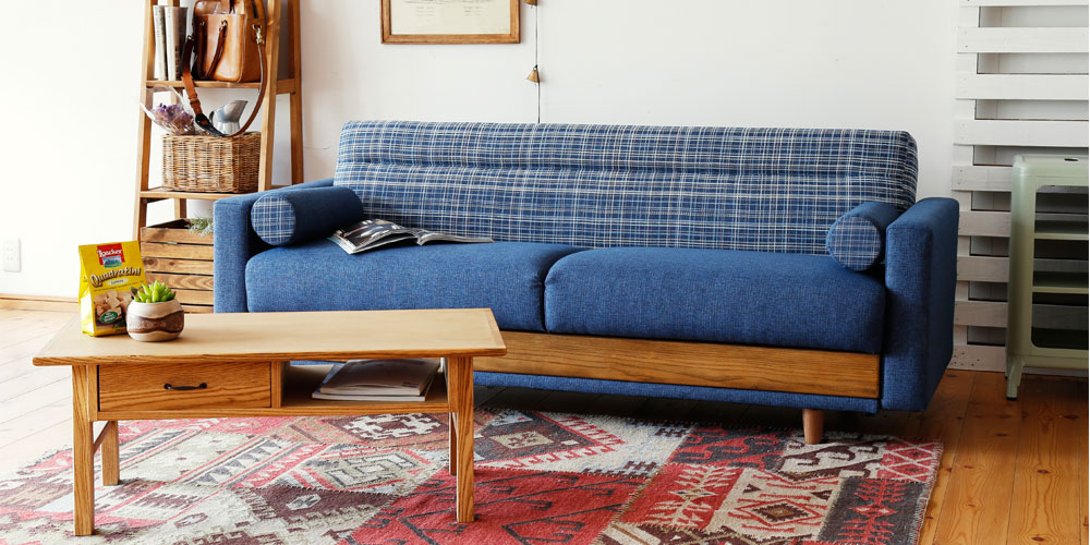 ソファベッド「ハーシー」幅191cm 布ブルー色【オンラインショップ限定