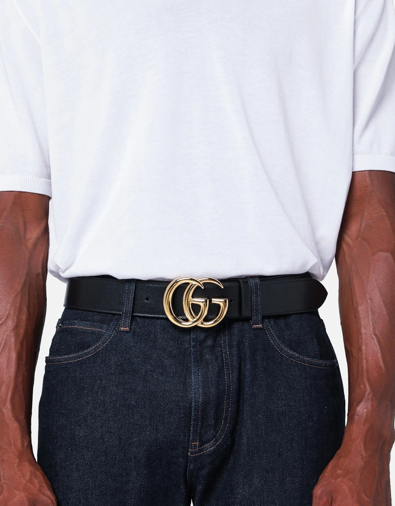 Gucci メンズレザーベルト ゴールドダブルGバックル (アクセサリ