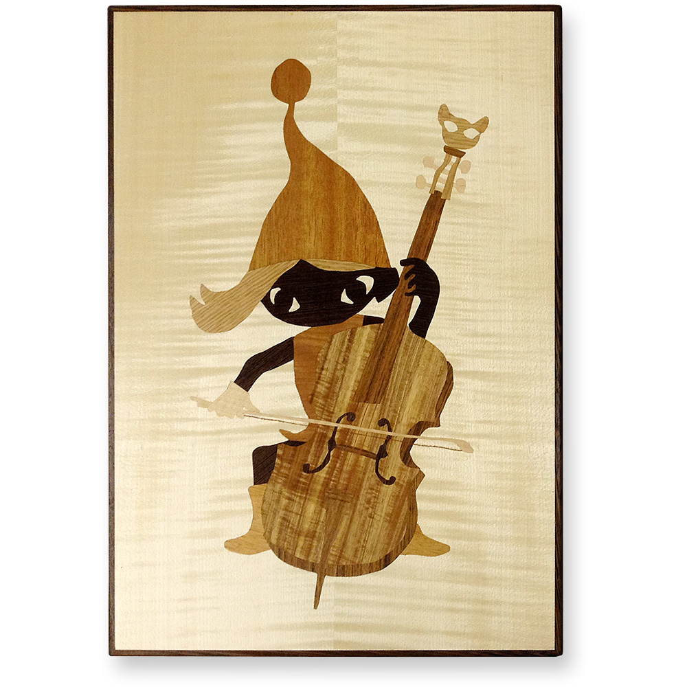 木象嵌のパネル 「チェロを弾くこびと」 北欧スタイルの美しいオーダー家具