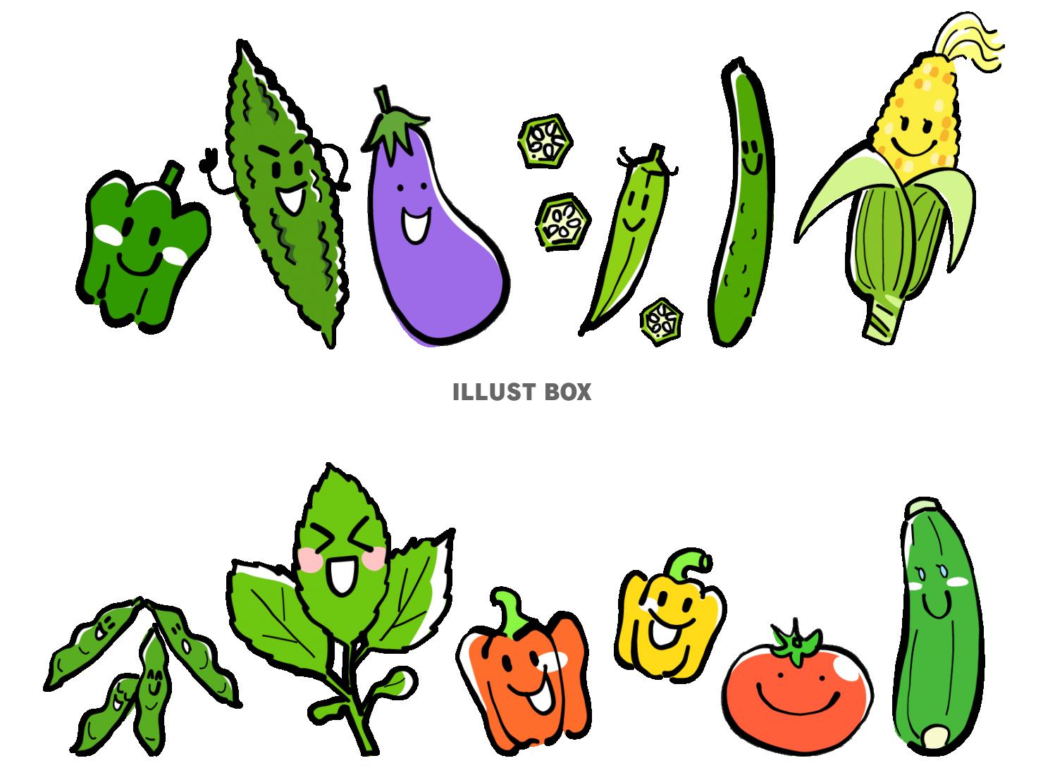 ゆるい夏野菜セット_整列：イラスト無料