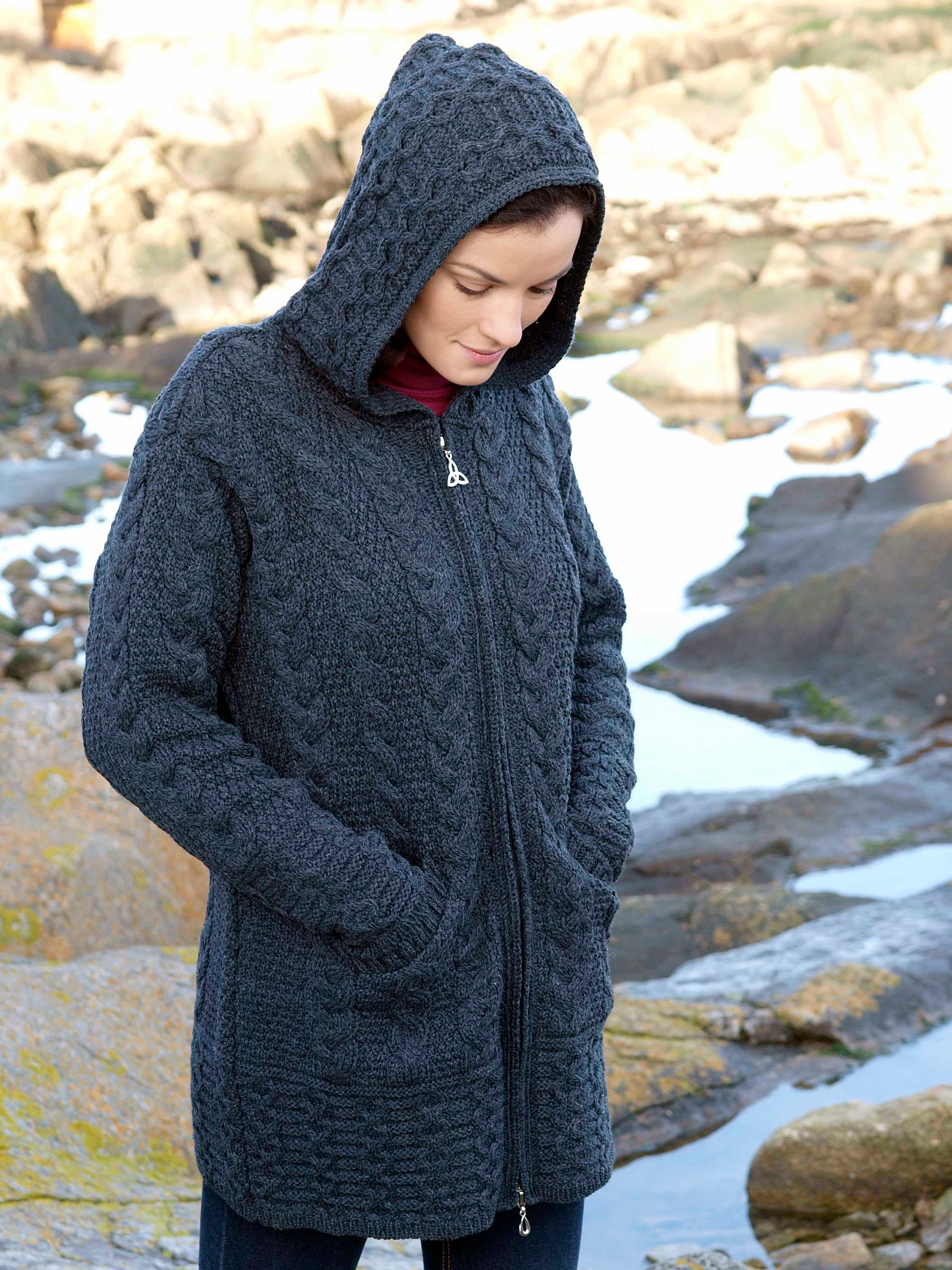 HOODED ARAN COATIGAN WITH CELTIC KNOT ZIP - The Irish Celtic Craft