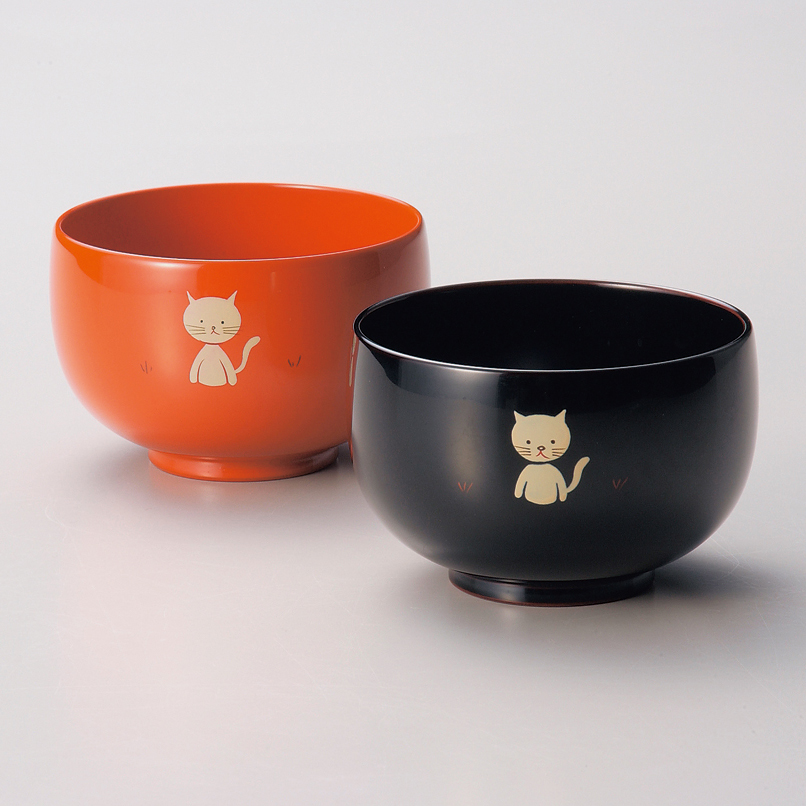 夫婦汁椀 ねこ 黒・洗朱 2客セット 漆塗り 12-04406 漆器の井助
