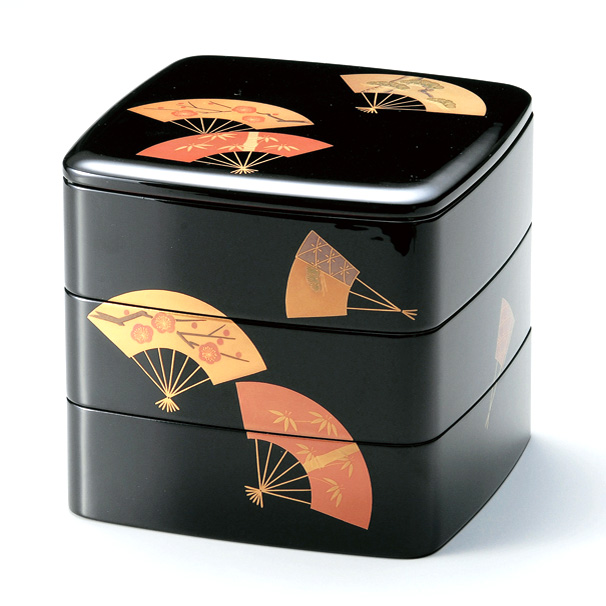 三段重箱 扇面松竹梅 黒内朱 6.5寸 木製 漆塗りお重箱 【製造中止