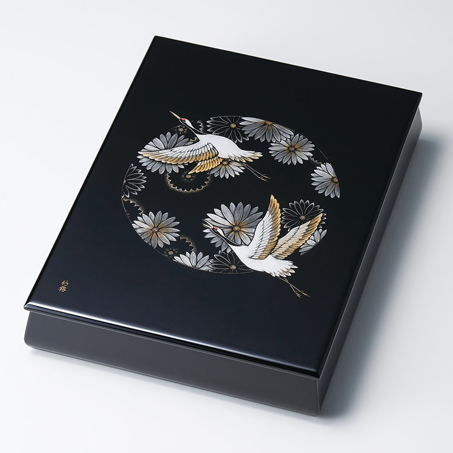 文庫 沈金菊に鶴 漆塗り・木製 漆器の井助