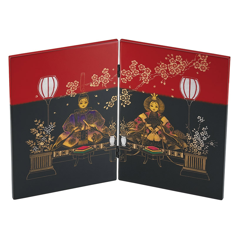 二枚屏風 沈金ひな人形 黒 木製 漆塗り 漆器の井助