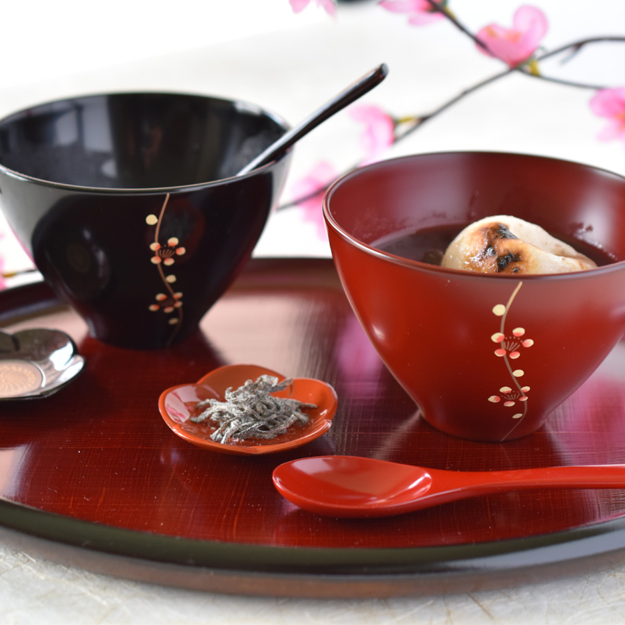 夫婦汁椀 梅 黒・古代朱 漆塗り ペアのお椀・味噌汁椀 KSE-8 12-04405