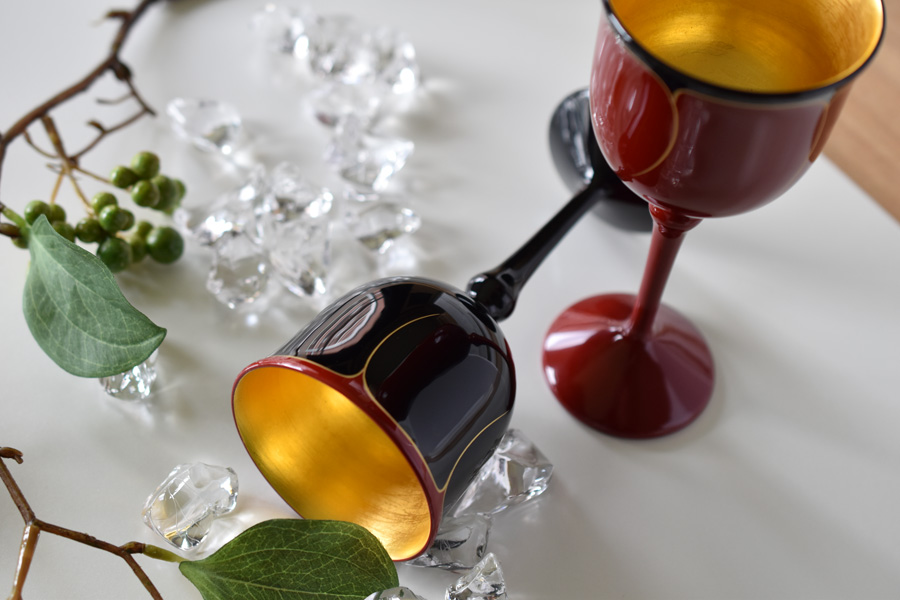 ワインペアカップ 花ライン内金箔 木製 漆塗り FC13-17 漆器の井助