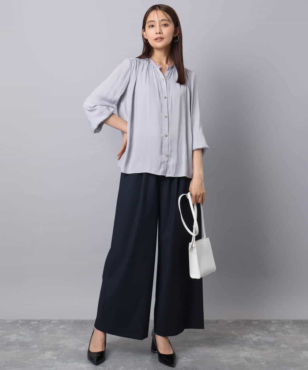 起毛サテン スキッパーデザインブラウス/洗える(ブラウス・シャツ