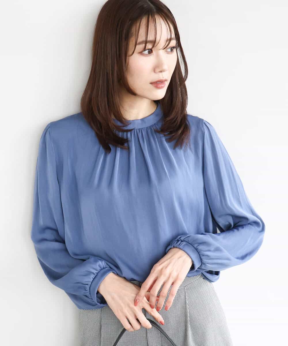 起毛サテンバンドカラーギャザーブラウス/洗える(ブラウス・シャツ