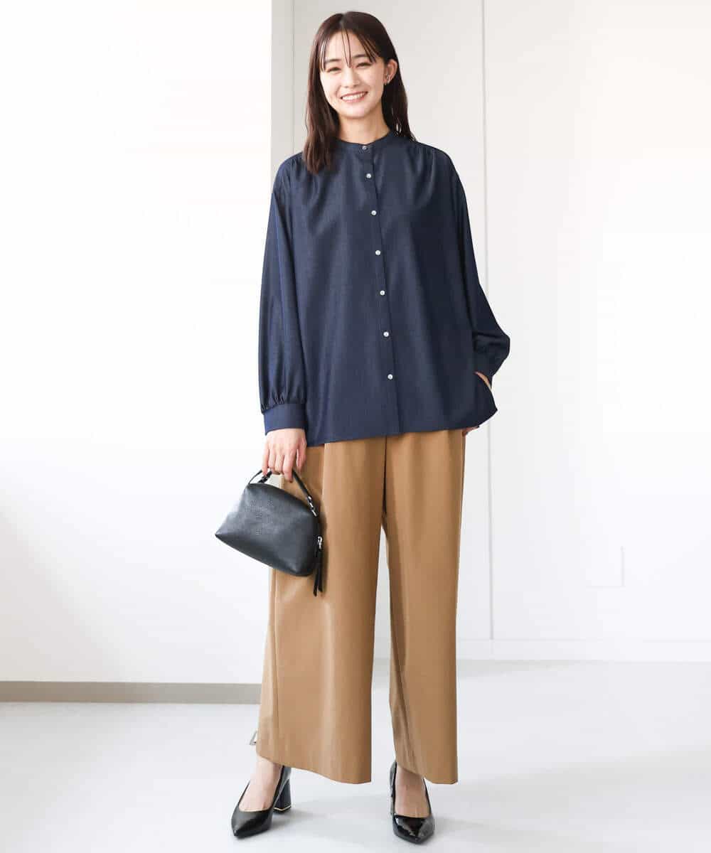 ボウタイ付きデニムライクバンドカラーブラウス/洗える(ブラウス