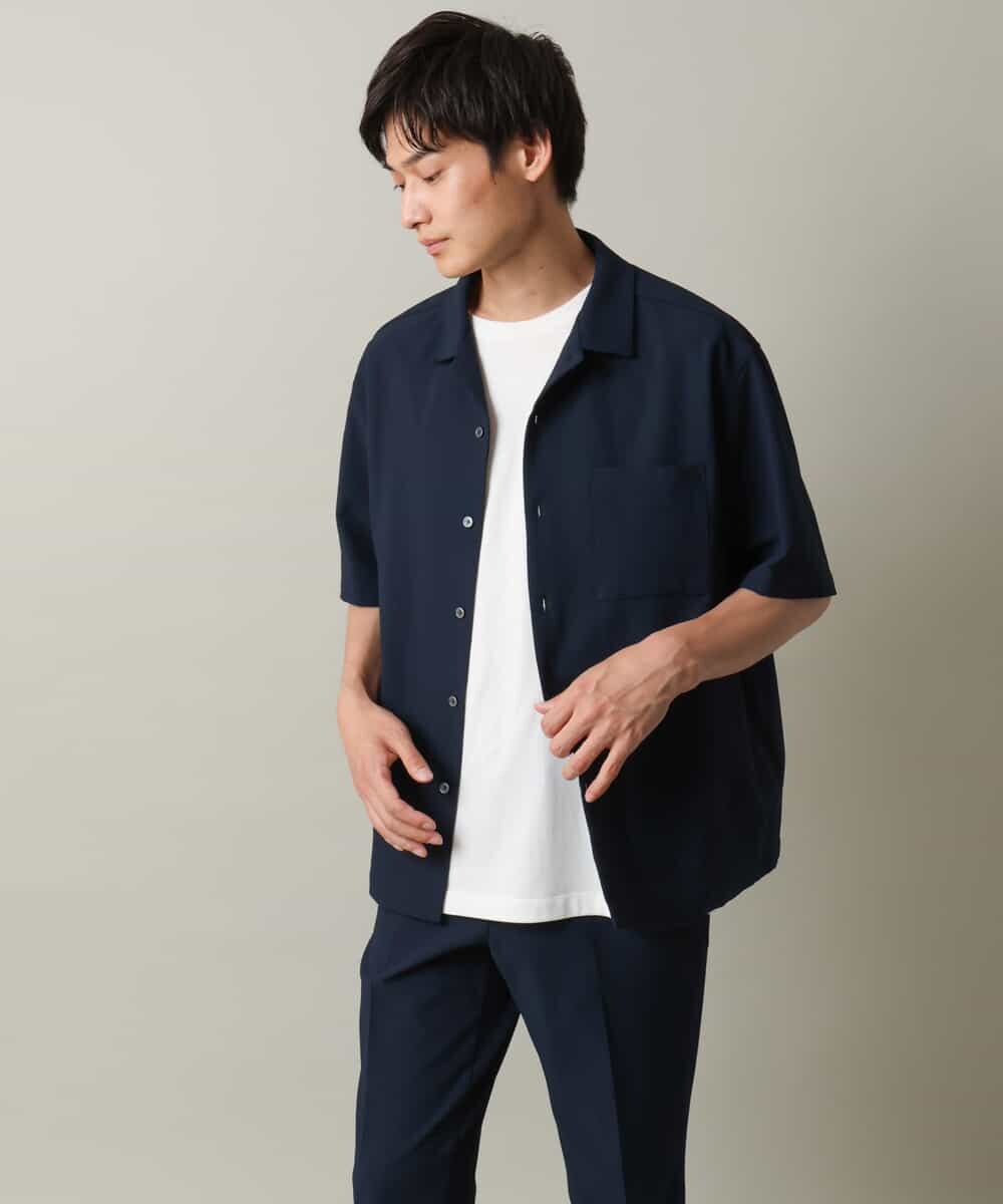 イージーケアな涼感素材】シアサッカーオープンカラーシャツ(ブラウス