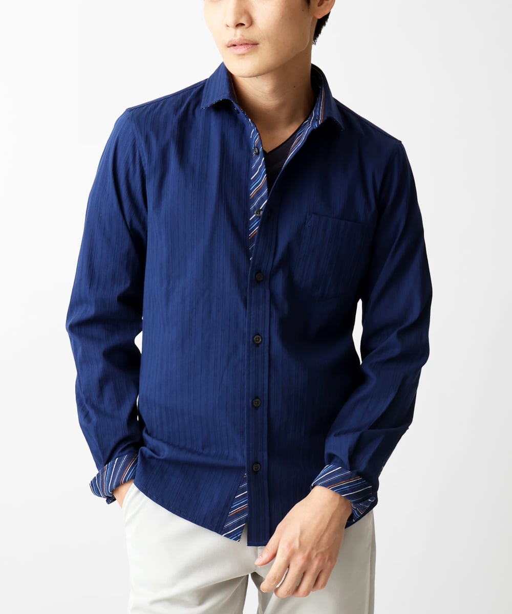 WEB限定】日本製素材使用 リバーストライプ長袖シャツ/(ブラウス