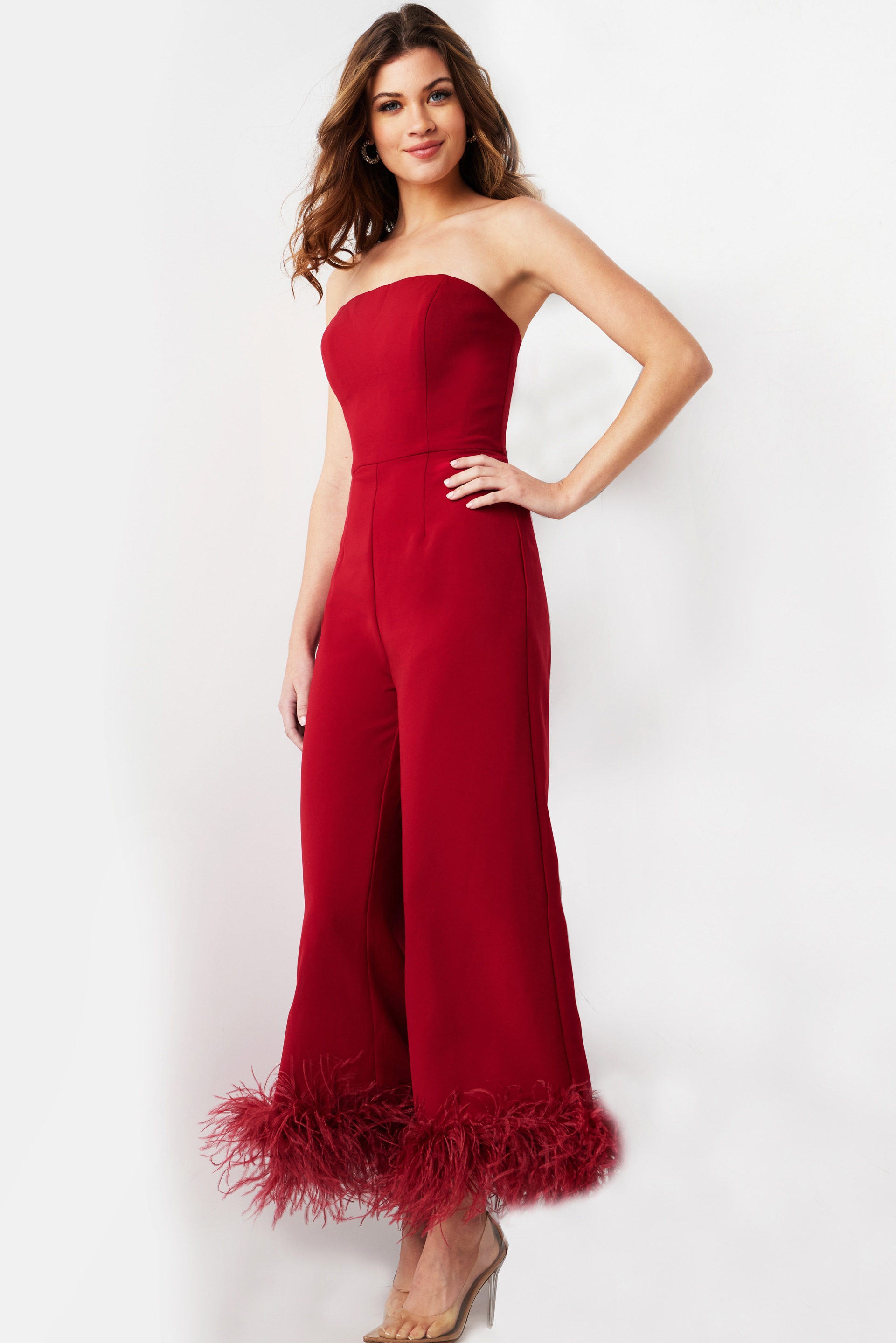 Cranberry Feather Hem Contemporary Jumpsuit 22590 | Jovani