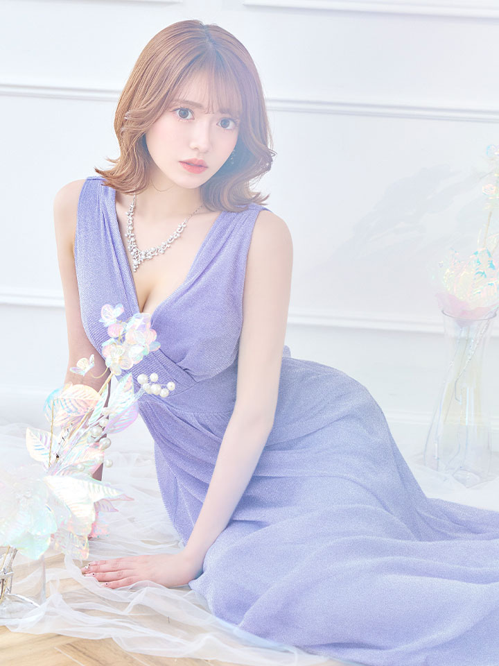 グリッターラメロングドレス/カシュクール/ノースリーブ/谷間見せ/背中