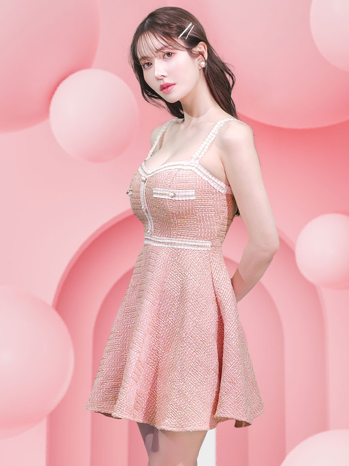 JENNNY】フレアキャミソールドレス/ツイード/レース/谷間見せ/背中見せ