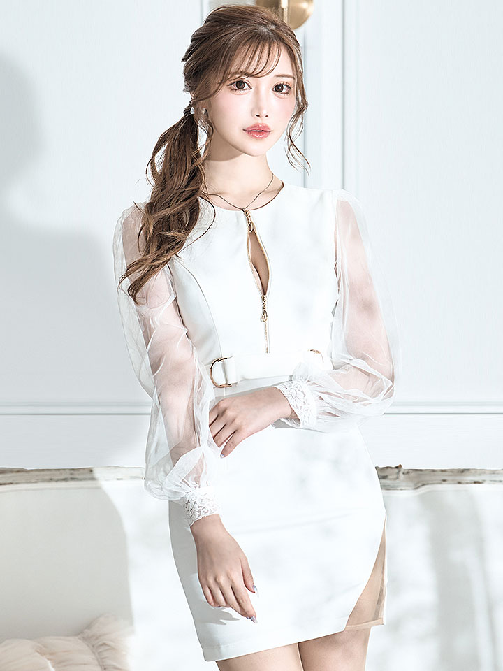 シアースリーブジップアップベルトミニドレス/キャバドレス【XS-XL