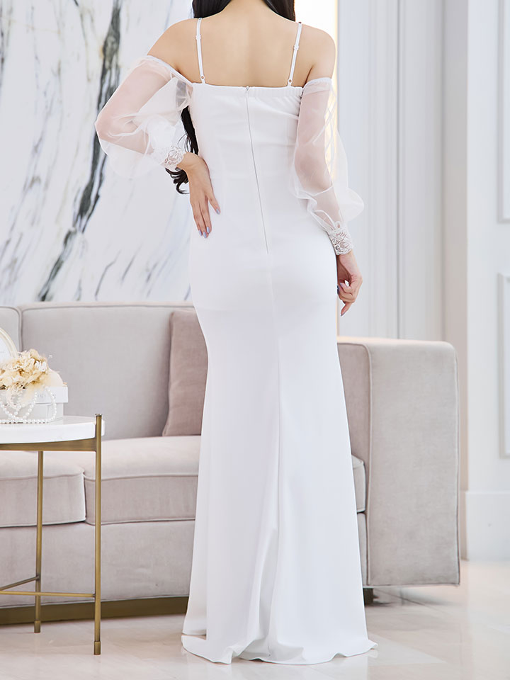 ウエスト刺繍シアースリーブロングドレス/キャバドレス【S-Lサイズ/1