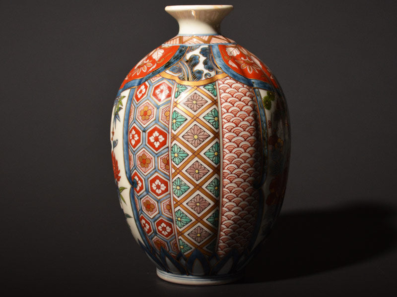 献上手古伊万里焼】花瓶 染錦本金松竹梅地紋図