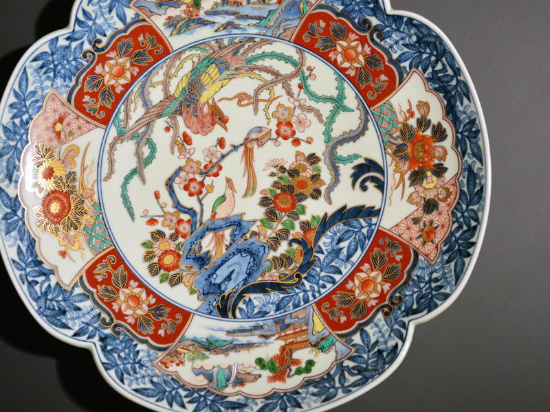 献上手古伊万里焼】飾大絵皿 染錦本金鳳凰吉祥地紋