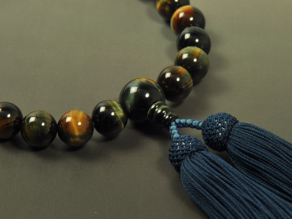 混虎眼石（22玉） 正絹頭付き房（紺色） 男性用略式数珠 ｜ 数珠・念珠
