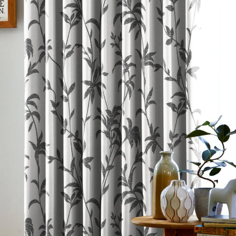 備長炭プリント】オリエンタルリーフ カーテン JF-35009 ブラック