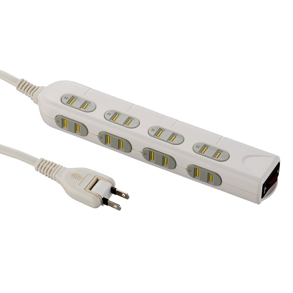 ブレーカー兼集中スイッチ付き 正面/側面差しコンセント 8個口 2m