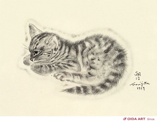 サ*バ様 藤田嗣治 子猫 1952年 肉筆鉛筆画 ・紙本著色・レオナール