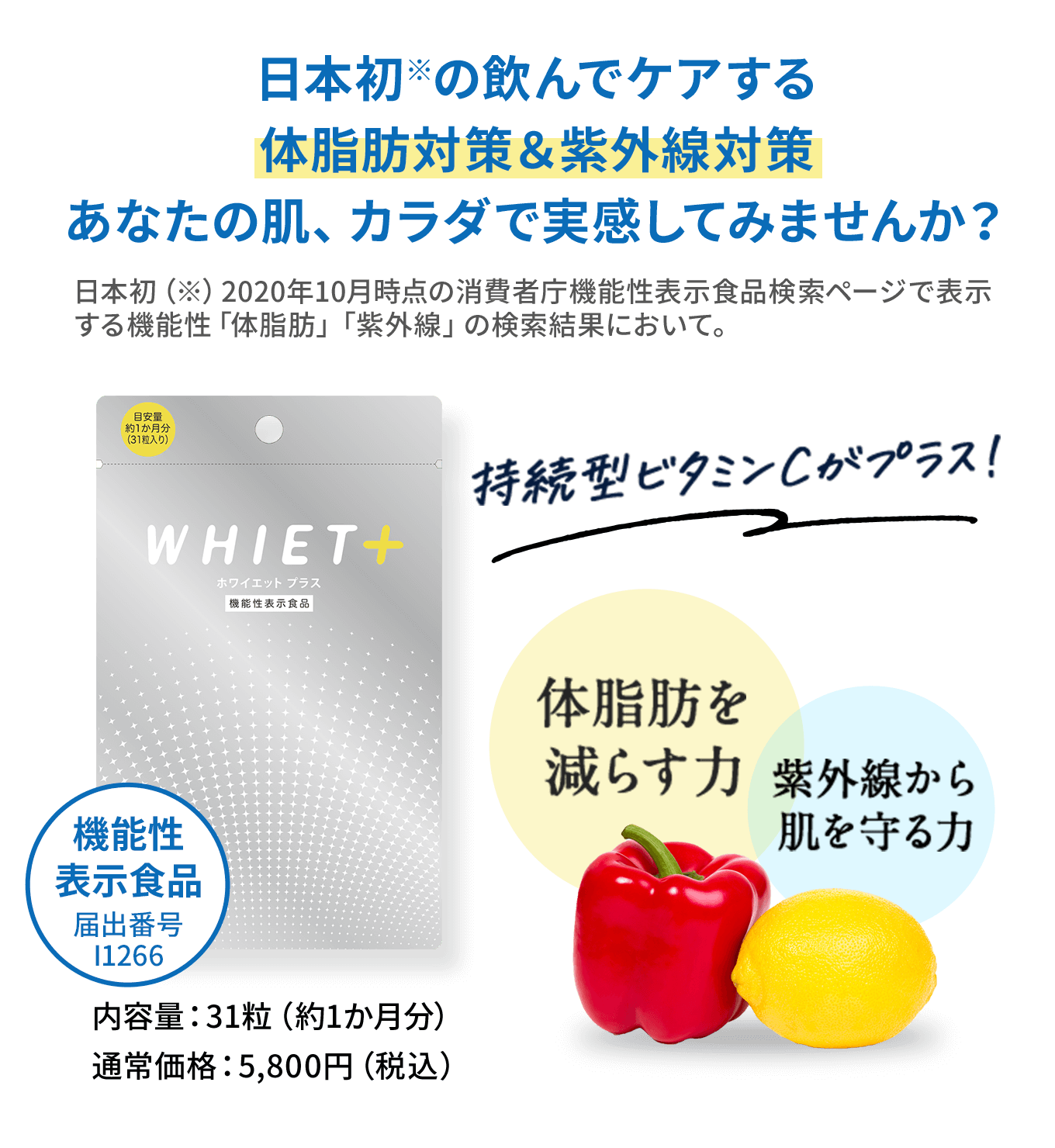 公式】WHIET+（ホワイエットプラス）｜体脂肪と紫外線のW対策サプリメント