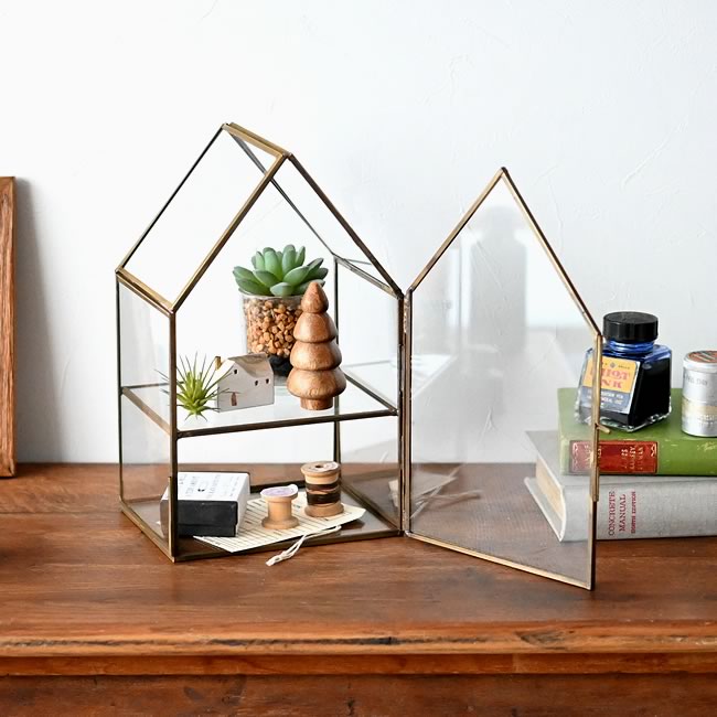 モロッカンガラス ハウス型ディスプレイケース ゴールドフレーム