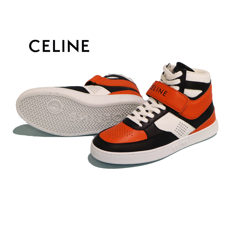 セリーヌ ハイカット レザースニーカー オレンジ | アウトレット