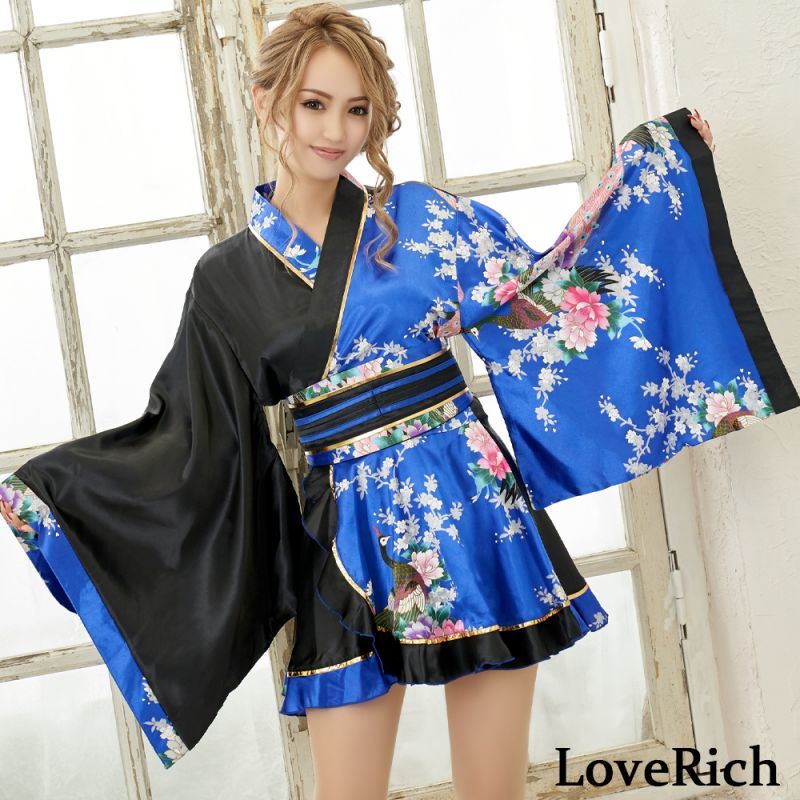 再入荷＆新色追加】ツートンカラー 花魁 フリル ミニ 着物ドレス 孔雀