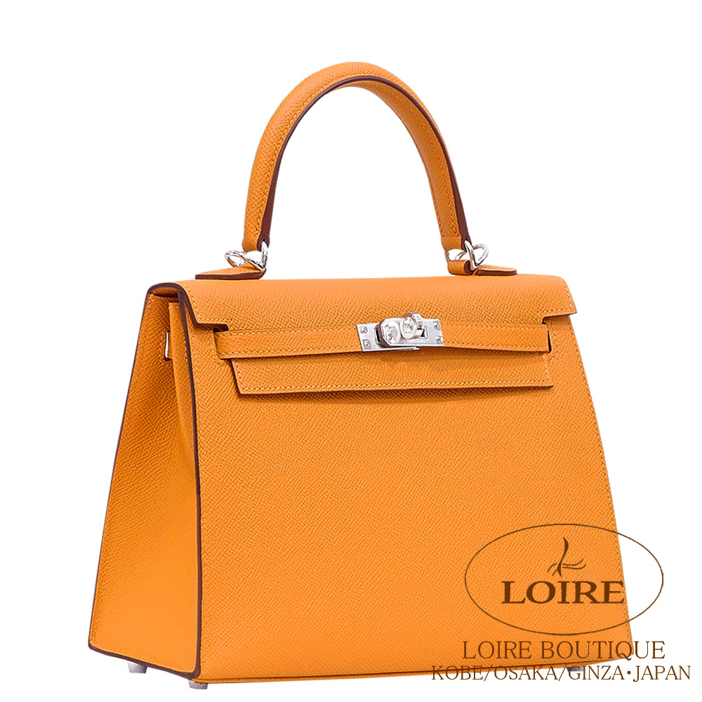 エルメス<br>ケリー 25cm 外縫い<br>オレンジ<br>エプソン<br>シルバー