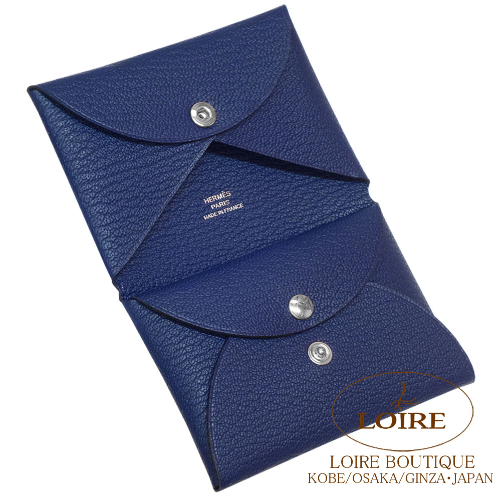 土日がラスト★エルメス カルヴィ BLEU PAON カードケース箱付き D刻印 HERMES（エルメス） カードケース CALVI VERSO カルヴィ ヴェルソ