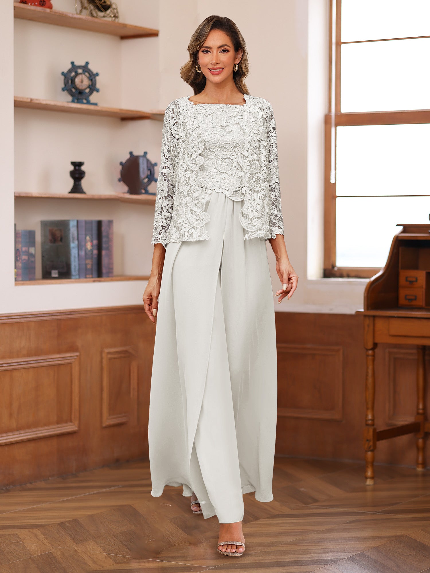 Lace Chiffon Square Neck 3/4 Sleeves 3 Pieces Pantsuits with Appliques