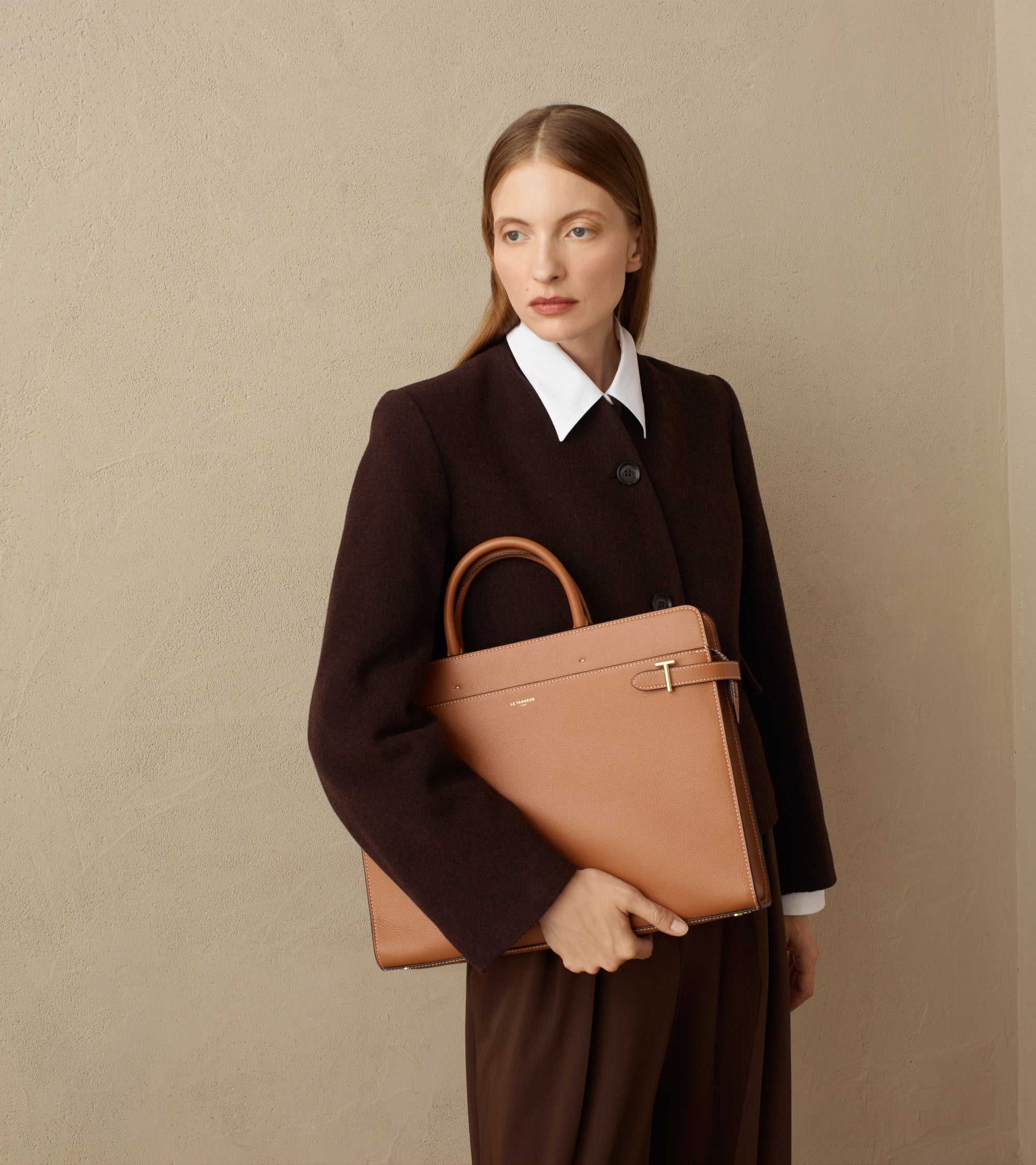 Emilie briefcase in grained leather Tan