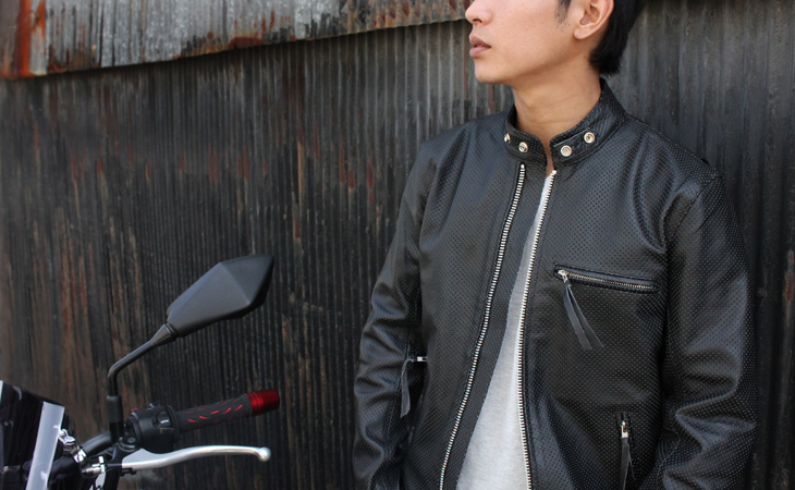 特価品】メッシュレザー革ジャンスタンド襟シングルライダース（水牛革