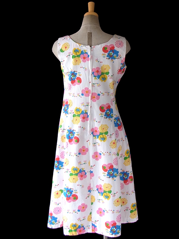 送料無料】60年代フランス製 ホワイト X カラフルなレトロ花柄 Aライン