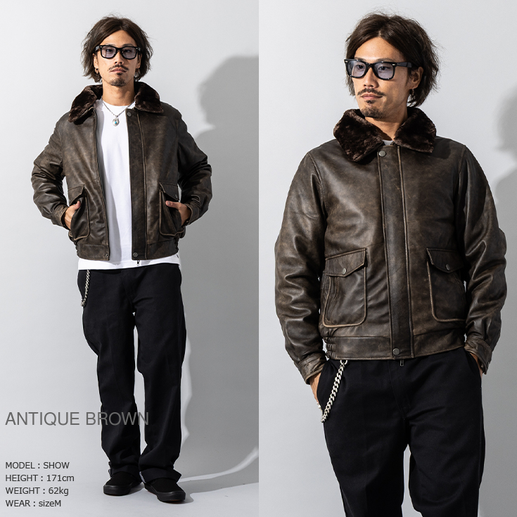 LIUGOO 本革 襟ボアレザーブルゾン ボンバージャケット メンズ