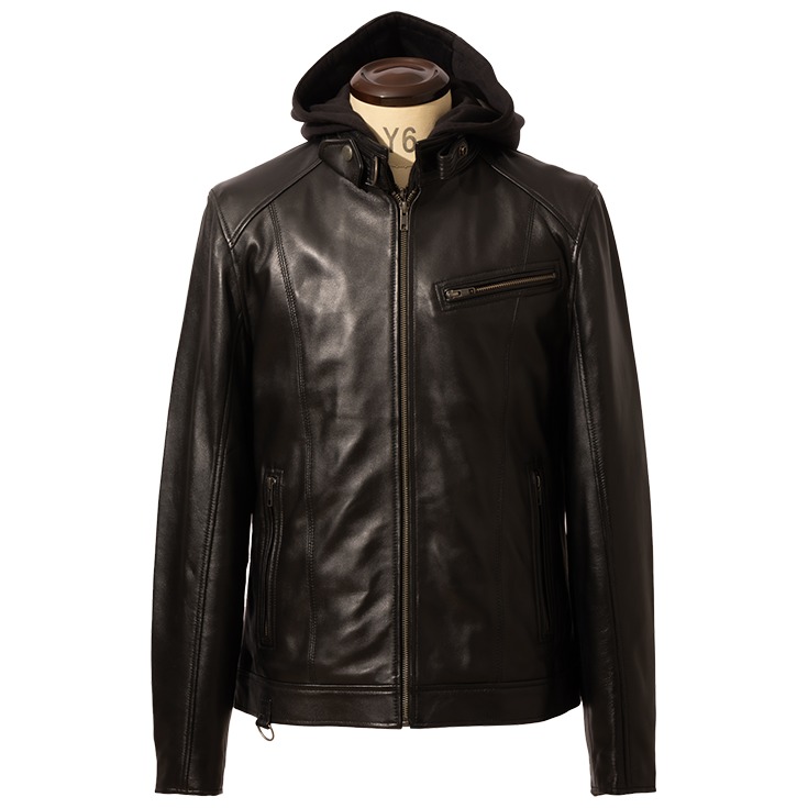 Liugoo Leathers 本革 フード付シングルライダース メンズ リューグー