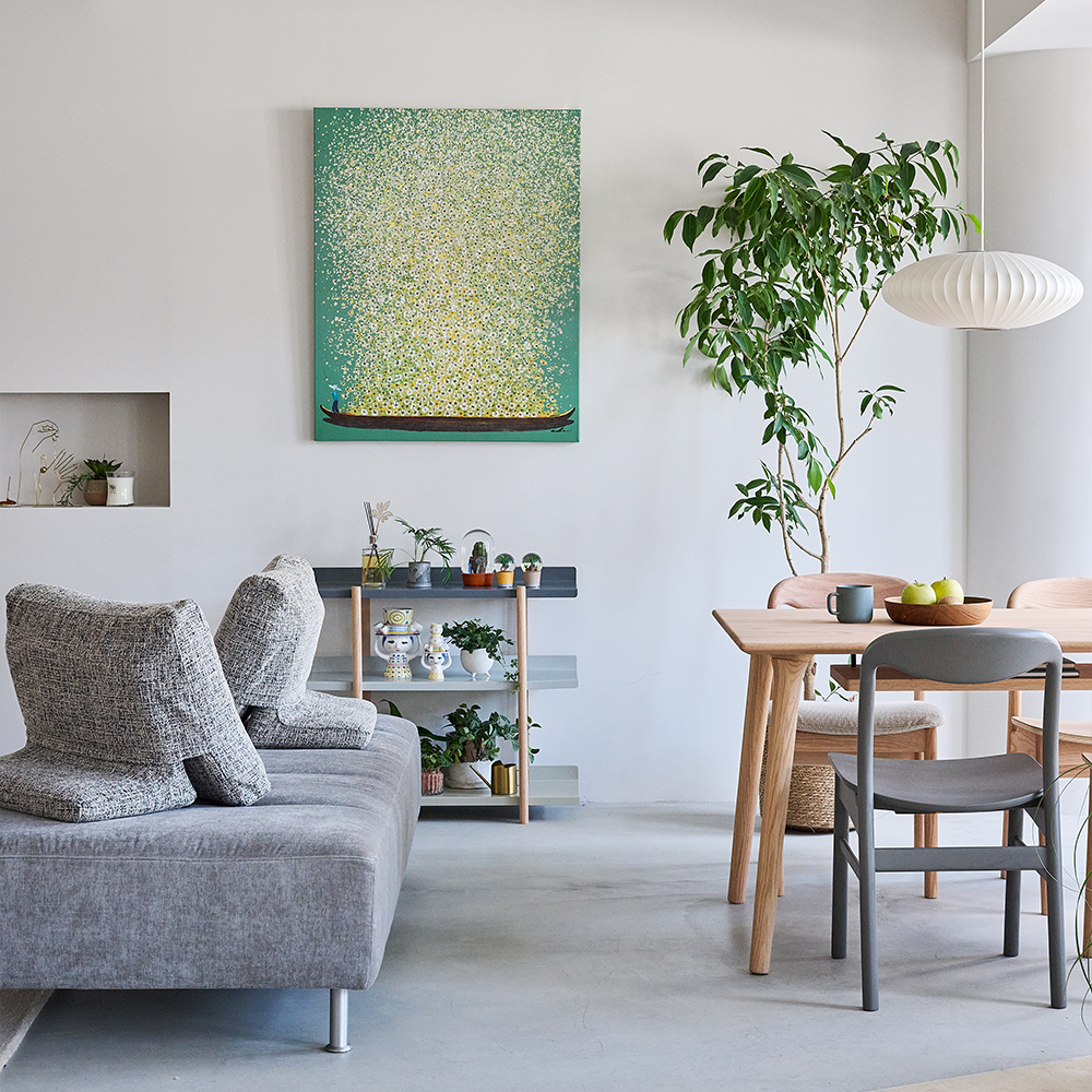 フラワーボート グリーンイエロー 100×80 cm タッチドピクチャー