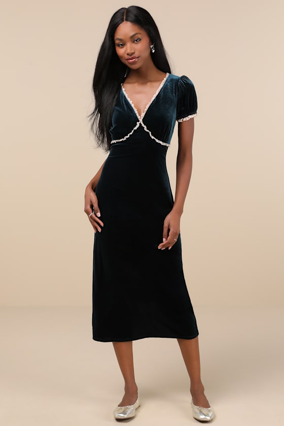 Dark Teal Velvet Dress - Velvet Midi Dress - Puff Sleeve Dress - Lulus