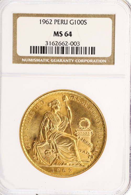 ペルー1962年 100ソル 大型金貨 限定発行9678枚 NGC MS64