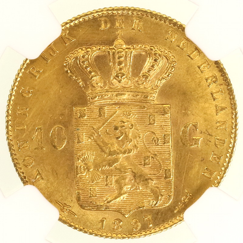 オランダ 1897年 10グルデン金貨 ウィルヘルミナ女王 NGC UNC鑑定