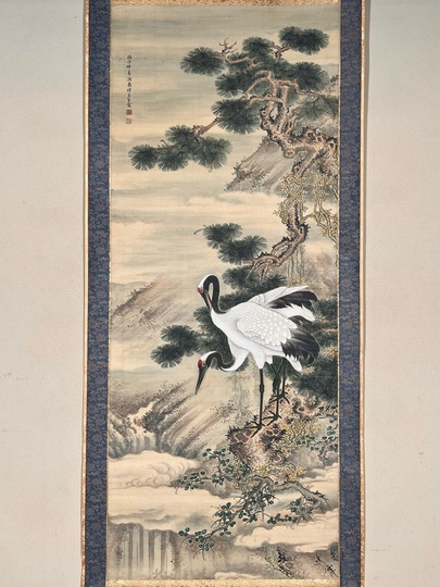 真作/安田素風/松上双鶴図/布袋屋掛軸HI-800 真作/安田素風/松上双鶴図